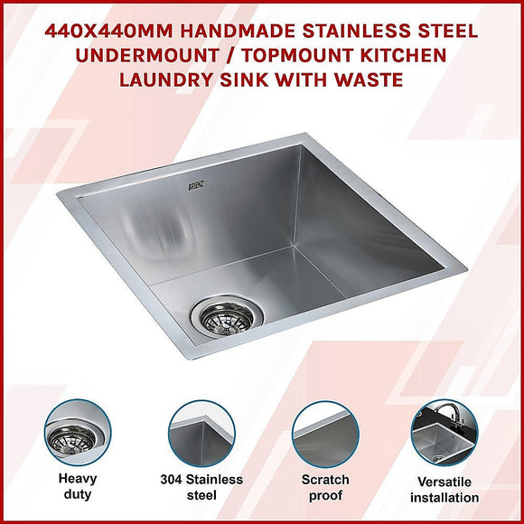 440x440mm Handmade Stainless Steel Undermount / Topmount Kitchen Laundry Sink with Waste - RnR Galore