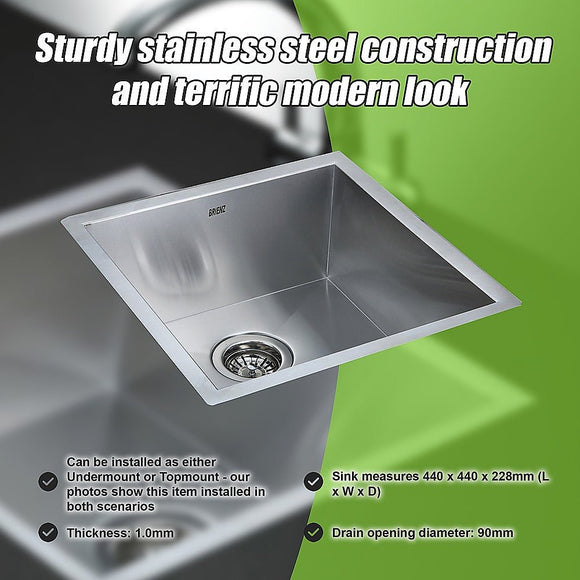 440x440mm Handmade Stainless Steel Undermount / Topmount Kitchen Laundry Sink with Waste - RnR Galore