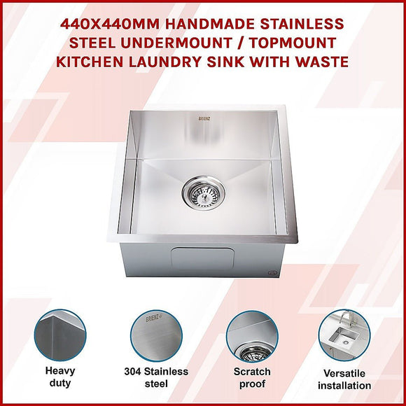 440x440mm Handmade Stainless Steel Undermount / Topmount Kitchen Laundry Sink with Waste - RnR Galore