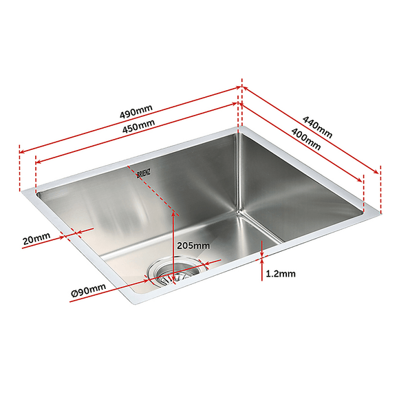 490x440mm Handmade Stainless Steel Undermount / Topmount Kitchen Laundry Sink with Waste - RnR Galore