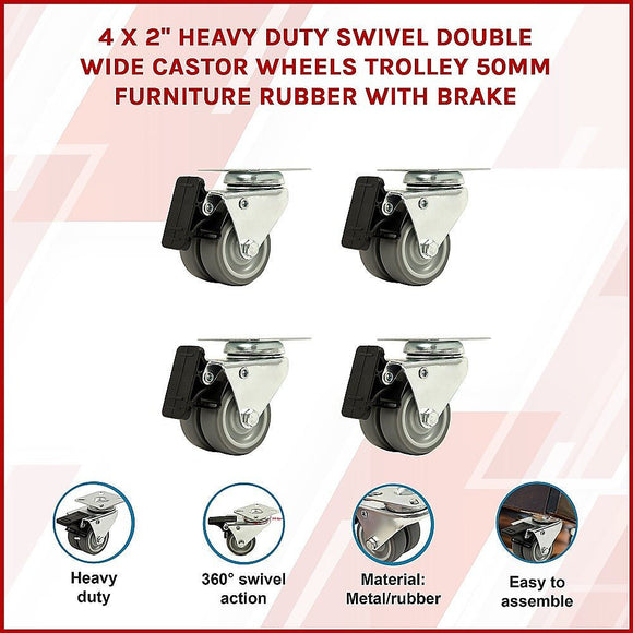 4x 2 Inch Heavy Duty Swivel Castor Wheels 50mm Brake - RnR Galore