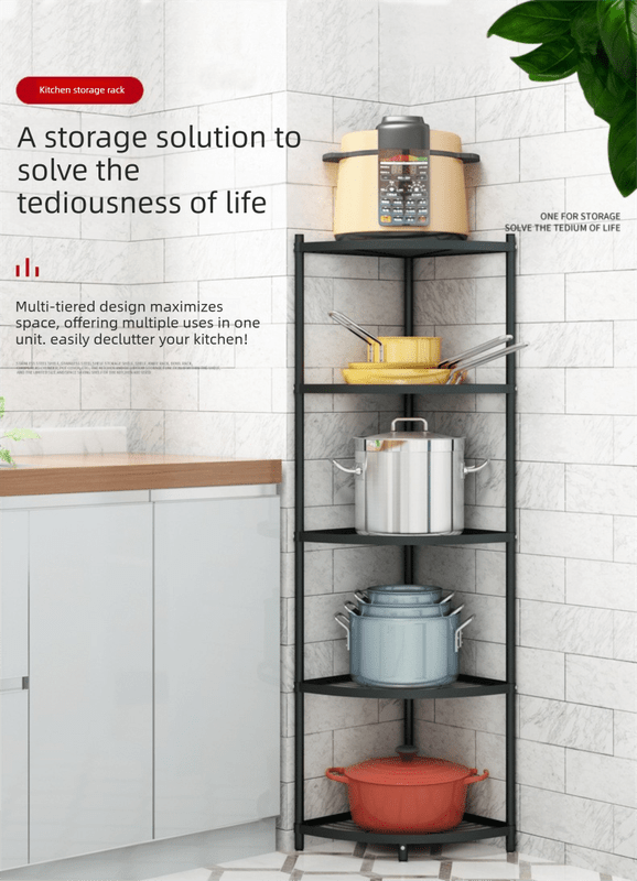 5 - Tier Kitchen Corner Shelf Stand - Heavy Duty Carbon Steel Pot & Pan Organiser - Rust Resistant Freestanding Storage Rack for Small Spaces - RnR Galore