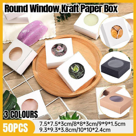 50PCS Handmade Soap Paper Box Round Window Kraft Black White Candy Biscuit Box - Black - 50pcs 8*8*3CM - RnR Galore