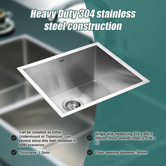510x450mm Handmade Stainless Steel Undermount / Topmount Kitchen Laundry Sink with Waste - RnR Galore