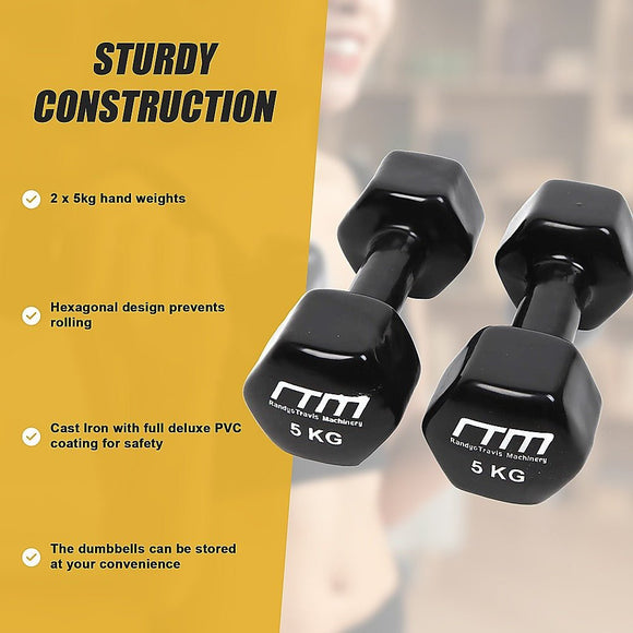 5kg Dumbbells Pair PVC Hand Weights Rubber Coated - RnR Galore