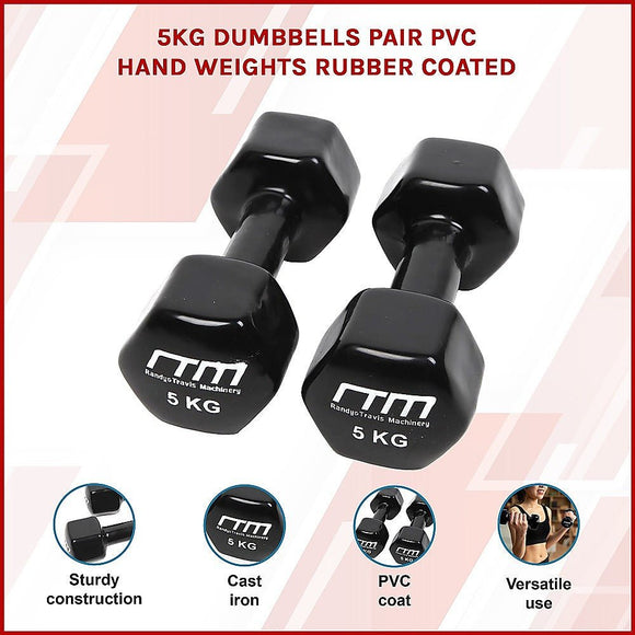 5kg Dumbbells Pair PVC Hand Weights Rubber Coated - RnR Galore