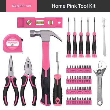 63 - Piece Essential Home Repair Tool Kit with Portable Zipper Case(pink) - RnR Galore
