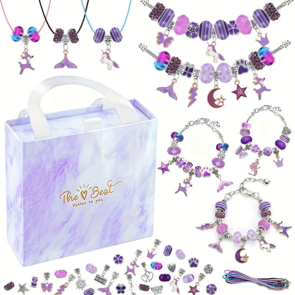 67PCS Purple DIY Charm Necklace & Bracelet Making Kit - Creative Jewelry Craft Set with Colorful Drip Oil Pendants & Metal Beads - RnR Galore