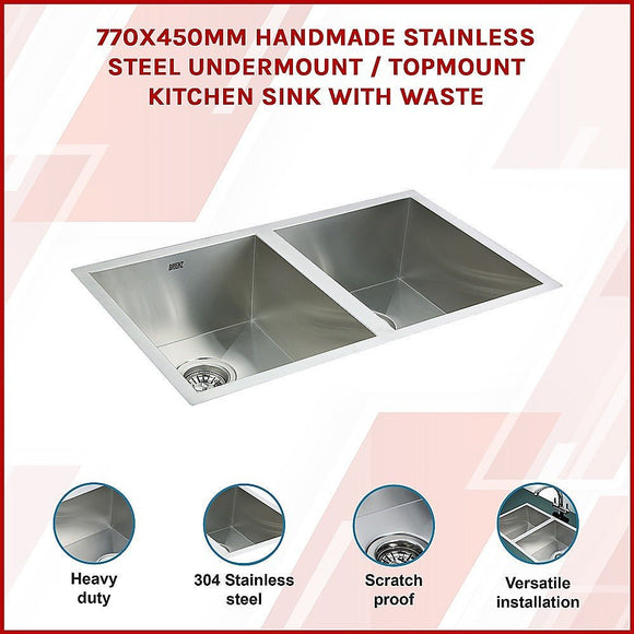 770x450mm Handmade Stainless Steel Undermount / Topmount Kitchen Sink with Waste - RnR Galore