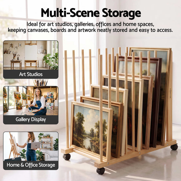 Artiss Art Drying & Storage Rack with Caster Wheels, Solid Wood Adjustable Slots Rack for Drawing Boards, Panels, Paintings, Artworks Display