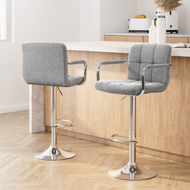 Artiss 2x Bar Stools Fabric Gas Lift w/Armrest Grey