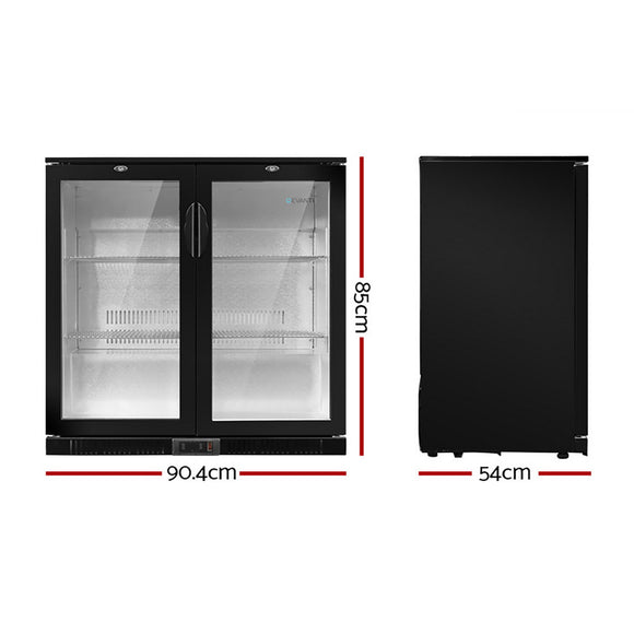 Devanti 198L Bar Fridge Dual Glass Door w/Light Black