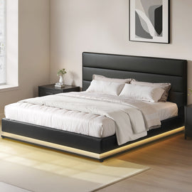 Artiss Lumi LED Bed Frame PU Leather Gas Lift Storage - Black King