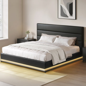 Artiss Lumi LED Bed Frame PU Leather Gas Lift Storage - Black King