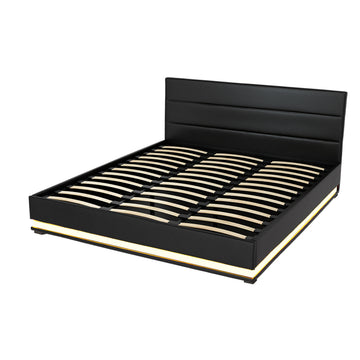 Artiss Lumi LED Bed Frame PU Leather Gas Lift Storage - Black King - 0