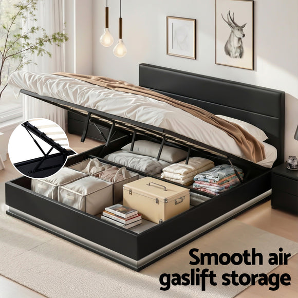 Artiss Lumi LED Bed Frame PU Leather Gas Lift Storage - Black King