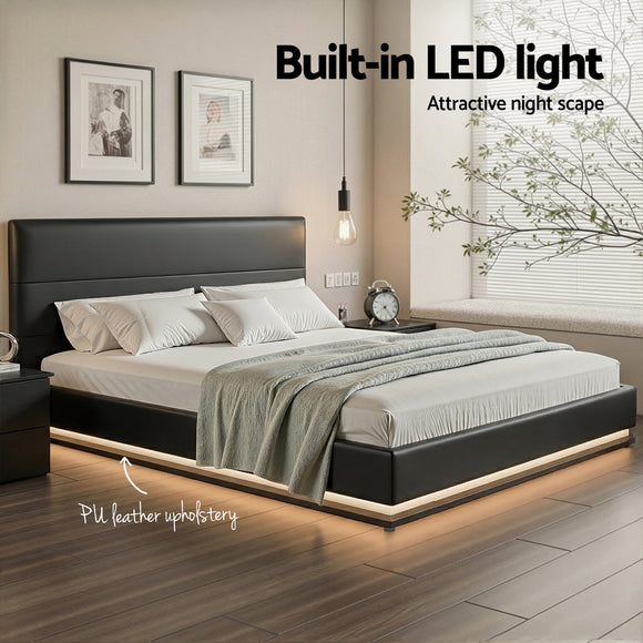 Artiss Lumi LED Bed Frame PU Leather Gas Lift Storage - Black King