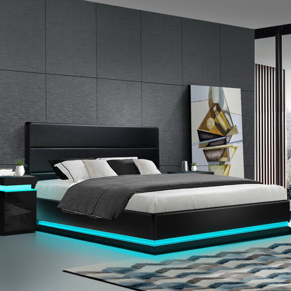 Artiss Lumi LED Bed Frame PU Leather Gas Lift Storage - Black King