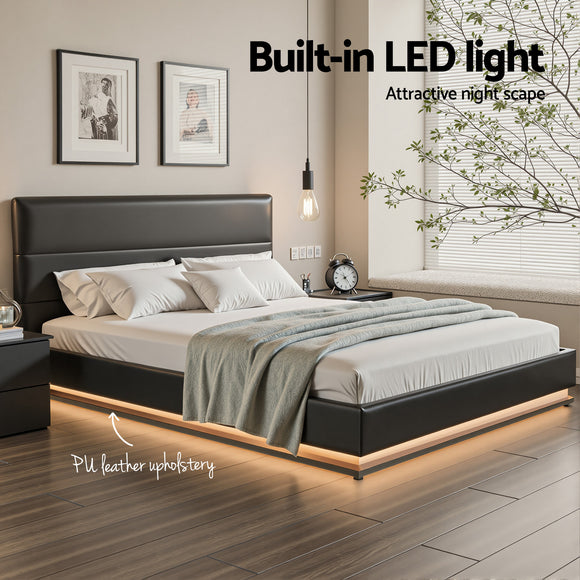 Artiss Lumi LED Bed Frame PU Leather Gas Lift Storage - Black Queen
