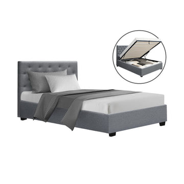 Artiss Vila Bed Frame Fabric Gas Lift Storage - Grey King Single - 0