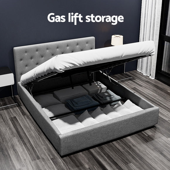 Artiss Vila Bed Frame Fabric Gas Lift Storage - Grey Queen