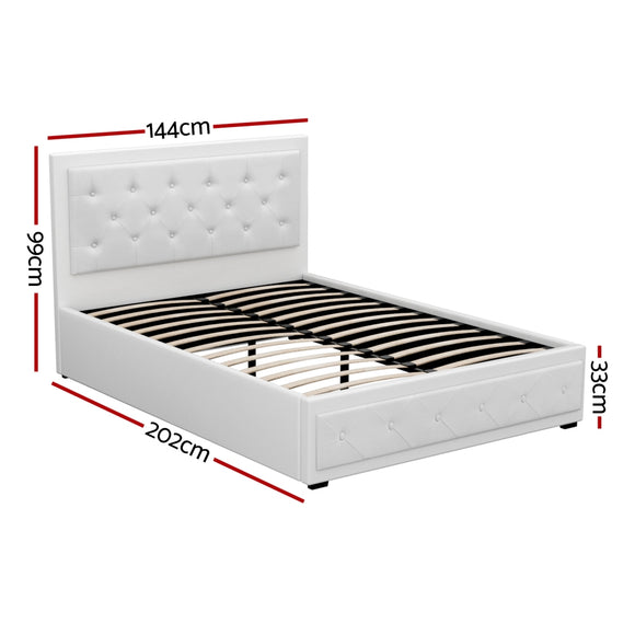 Artiss Tiyo Bed Frame PU Leather Gas Lift Storage - White Double