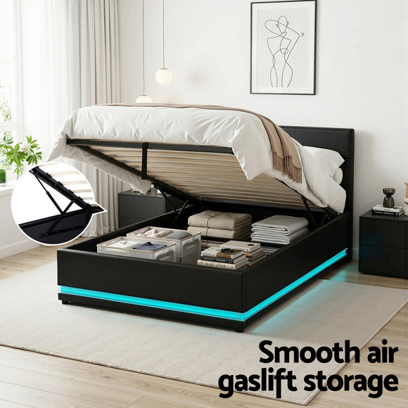 Artiss RGB LED Bed Frame King Single Size Gas Lift Base Storage Leather LUMI