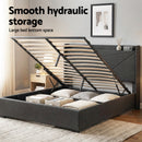 Artiss Double Bed Frame Gas Lift Storage Bed with Charging Ports Upholstered Geometric Headboard Charcoal Grey-8