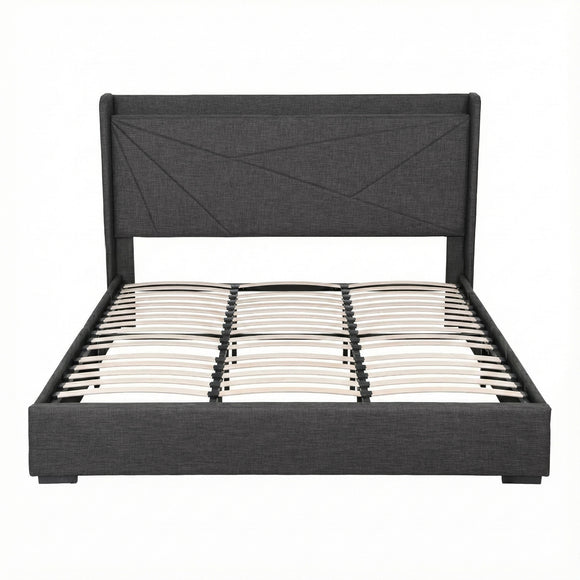 Artiss King Bed Frame Gas Lift Storage Bed with Charging Ports Upholstered Geometric Headboard Charcoal Grey