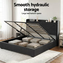 Artiss King Bed Frame Gas Lift Storage Bed with Charging Ports Upholstered Geometric Headboard Charcoal Grey-8