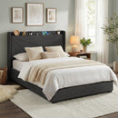 Artiss Queen Bed Frame Gas Lift Storage Bed with Charging Ports Upholstered Geometric Headboard Charcoal Grey-1