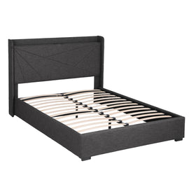 Artiss Queen Bed Frame Gas Lift Storage Bed with Charging Ports Upholstered Geometric Headboard Charcoal Grey - 0