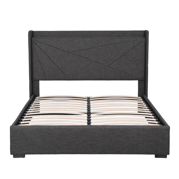 Artiss Queen Bed Frame Gas Lift Storage Bed with Charging Ports Upholstered Geometric Headboard Charcoal Grey