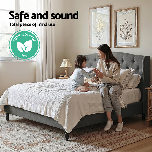 Artiss Double Bed Frame with Wingback Headboard Grey Linen Upholstered Platform Bed Base