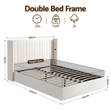 Artiss Double Bed Frame with Gaslift Storage USB Type-C Charging Ports Velvet Upholstery White - 0