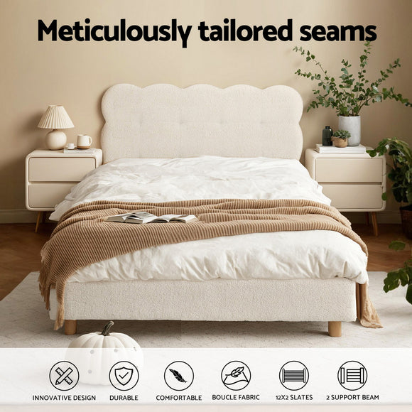 Artiss King Single Bed Frame Cloud Headboard Boucle Fabric Mattress Platform Base White
