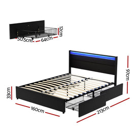 Artiss Bed Frame Queen Size LED with 4 Drawers Black DUNN - 0