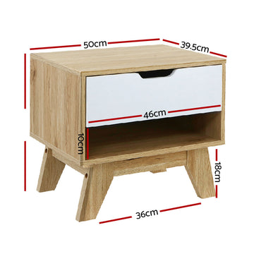 Artiss Bedside Table 1 Drawer with Shelf - IKER White & Oak - 0
