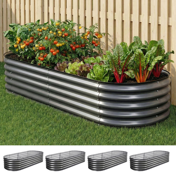 Green Fingers 4 Pcs Raised Garden Bed Kit Oval Galvanized Steel Planter Boxes 160x80x42cm, Heavy Duty Metal Elevated Garden Bed for Vegetables Flowers Herbs, with Safety Edging, Gloves & Pegs Included