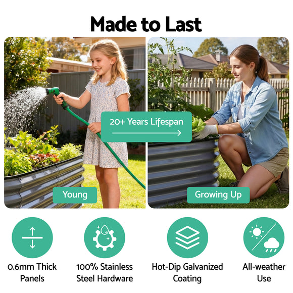 Green Fingers 4 Pcs Raised Garden Bed Kit Oval Galvanized Steel Planter Boxes 320x80x56cm, Heavy Duty Metal Elevated Garden Bed for Vegetables Flowers Herbs, with Safety Edging, Gloves & Pegs Included