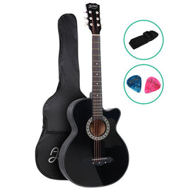 Alpha 38 Inch Acoustic Guitar Wooden Body Steel String Full Size Cutaway Black - 0
