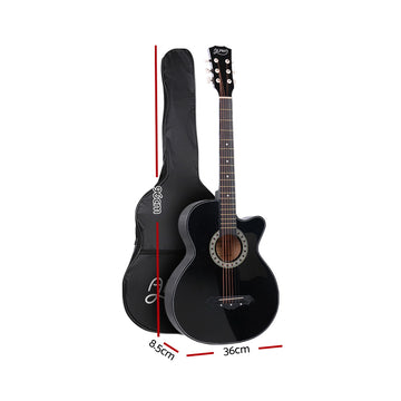 Alpha 38 Inch Acoustic Guitar Wooden Body Steel String Full Size w/ Stand Black - 0