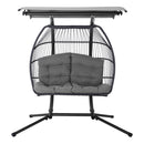 Gardeon Outdoor Egg Swing Chair Wicker Furniture Pod Stand Canopy 2 Seater Grey-3