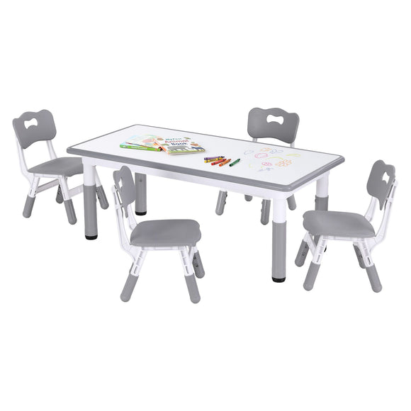 Keezi Kids Table and 4 Chairs Set Height Adjustable Toddler Desk and Chair Set for Ages 3-8, Children Activity Table with Graffiti Desktop for Learning Drawing Playing, Grey