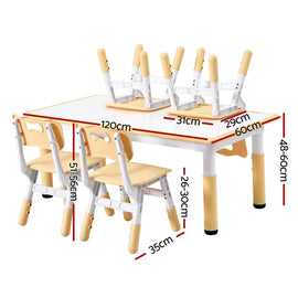 Keezi Kids Table and 4 Chairs Set Height Adjustable Toddler Desk and Chair Set for Ages 3-8, Children Activity Table with Graffiti Desktop for Learning Drawing Playing, Yellow - 0