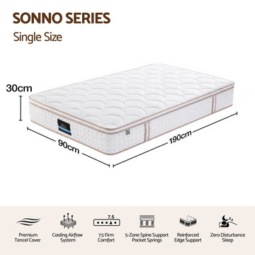 Giselle 30cm Single Spring Mattress Tencel Cover 5-Zone Firm Back Support - 0
