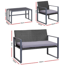 Gardeon 4 PCS Outdoor Sofa Set Rattan Furniture Glass Top Table Chairs Black - 0