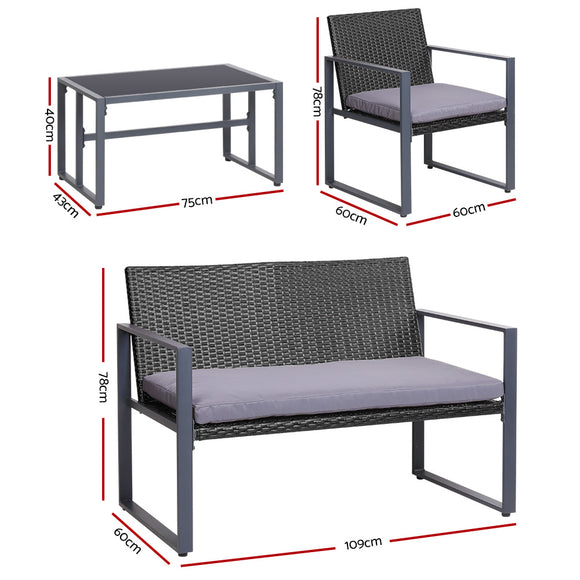 Gardeon 4 PCS Outdoor Sofa Set Rattan Furniture Glass Top Table Chairs Black