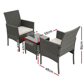 Gardeon 3PC Outdoor Bistro Set Patio Furniture Wicker Setting Chairs Table Cushion Grey - 0