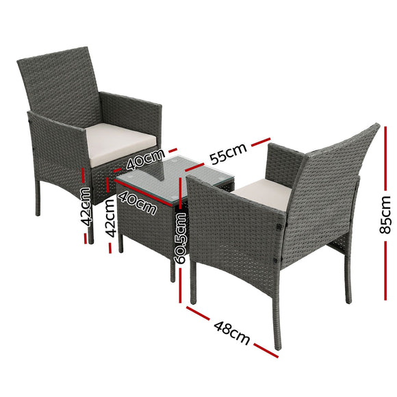 Gardeon 3PC Outdoor Bistro Set Patio Furniture Wicker Setting Chairs Table Cushion Grey